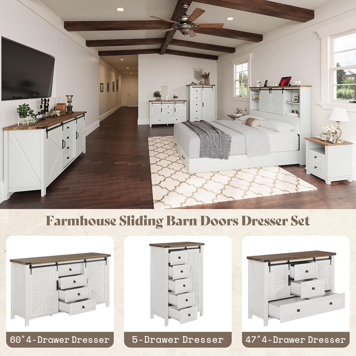 AMERLIFE 5-Piece Farmhouse Bedroom Furniture Set, Dresser & Nightstand Set of 2 with Storage Cabinet & Sideboard, Sliding Barn Door Wood Bedroom Set for Bedroom/Living Room, Distressed White