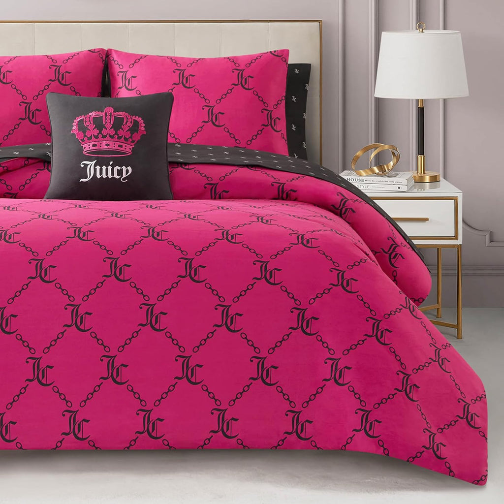 Juicy Couture Hot Pink/Black Link Logo Printed Comforter Set, Queen – Complete 8-Piece Bed in a Bag Collection