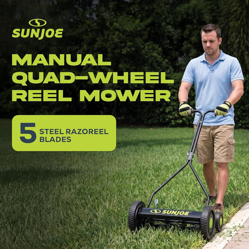 Sun Joe Manual Push Reel Lawn Mower with 9 Adjustable Positions, 14-Inch Cutting Width - Heavy-Duty Yard Trimming Machine for Gardening Care and Maintenance, MJ503M