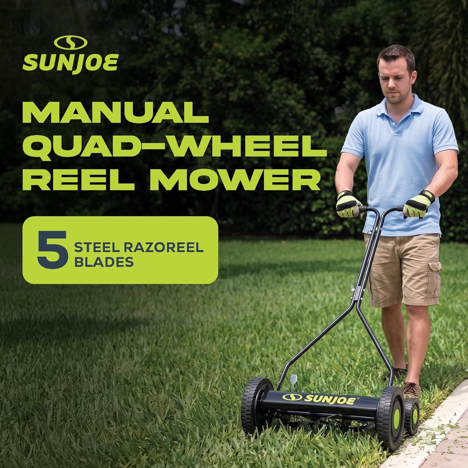 Sun Joe Manual Push Reel Lawn Mower with 9 Adjustable Positions, 14-Inch Cutting Width - Heavy-Duty Yard Trimming Machine for Gardening Care and Maintenance, MJ503M