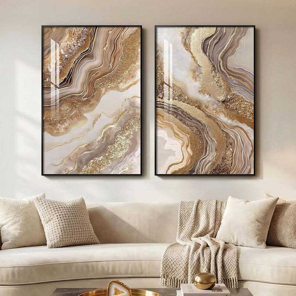 Framed Abstract Brown Gold Wall Art for Living Room, 2 Piece Large Modern Luxury Artwork for Walls, Contemporary Bright Style Picture Prints Paintings for Bedroom Dining Room Office 24x36 Inch
