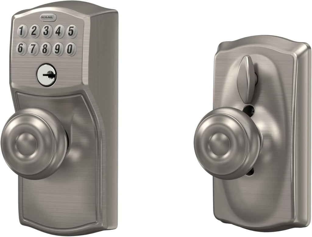 Schlage Camelot Keypad Lock with Knob, Electronic Keyless Door Entry, Flex Lock Auto‑Lock Option, Satin Nickel, FE595 CAM 619 GEO