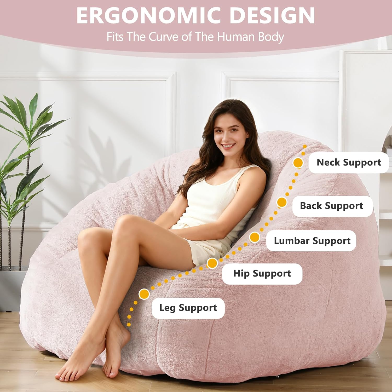 Bean Bag Chair for Adults, Soft Faux Fur Giant Beanbag Chairs, Oversized Cozy Bean Bag Couch Large Reading Chair, Comfy Bean Bag Sofa for Living Room, Bedroom & Dorm, Dusty Pink