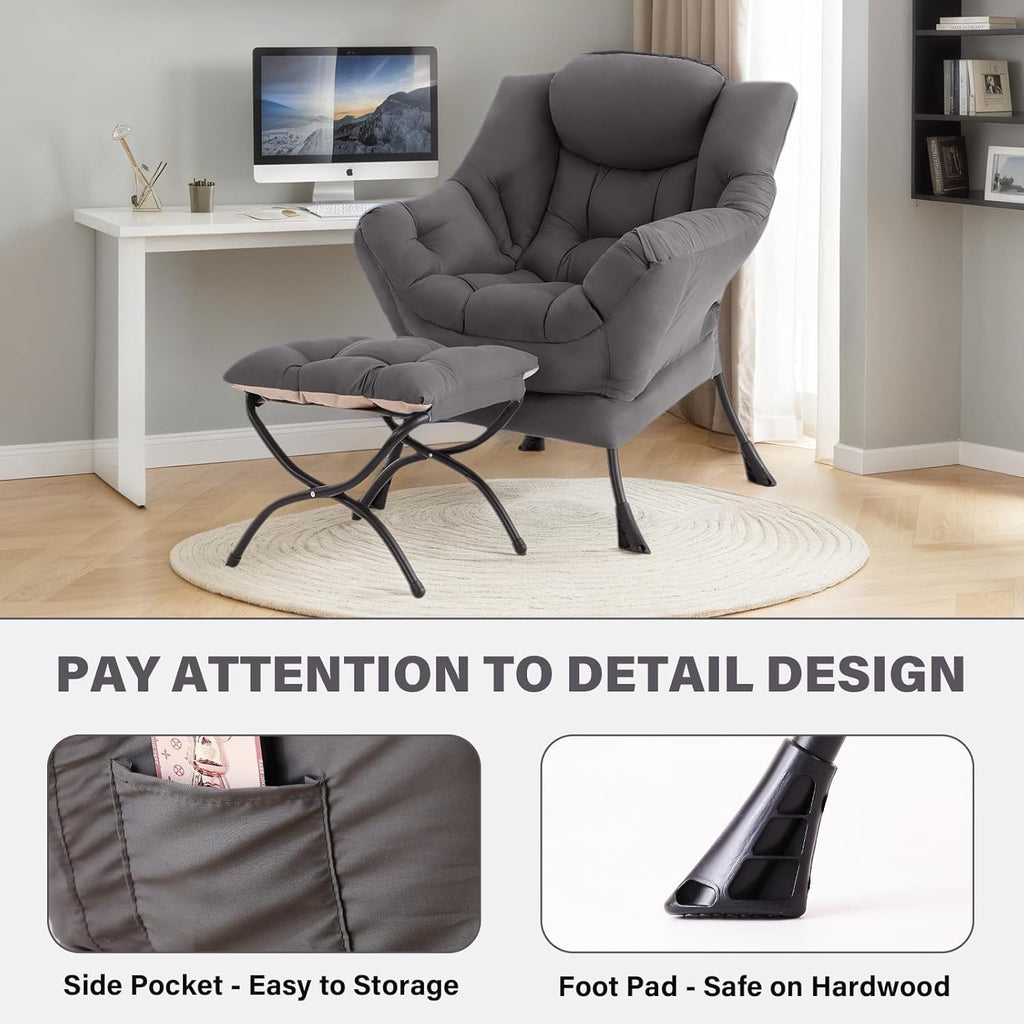 Tiita Modern Large Accent Chair with Ottoman, Comfy Leisure Sofa Armchair with Footrest, Reading Chair for Bedroom, Living Room, Dorm Rooms, Garden Dark Grey