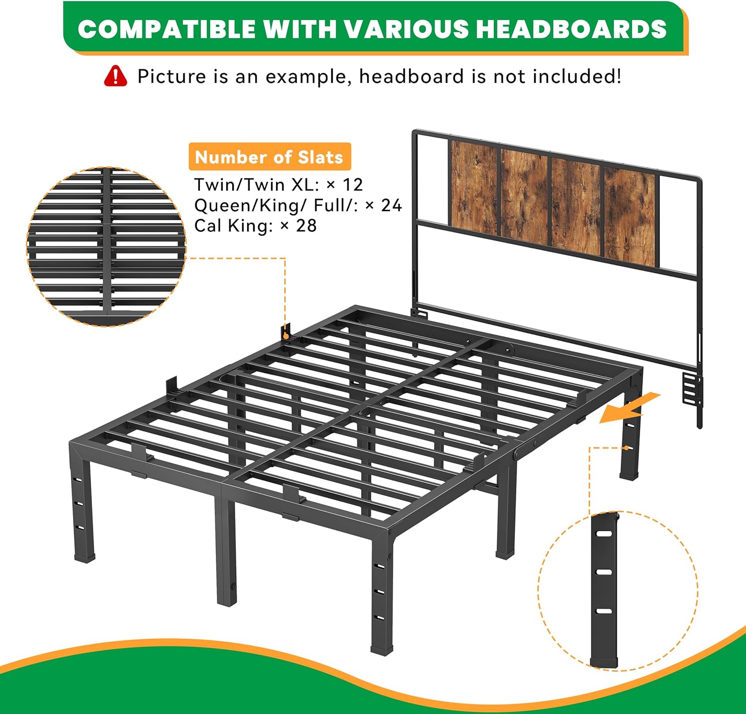 14 Inch King Size Bed Frames, Heavy Duty Metal King Platform 3500 lbs Capacity, No Box Spring Needed, 6 Mattress Slide Stopper, Headboard Holes, Noise-Free, Easy Assembly