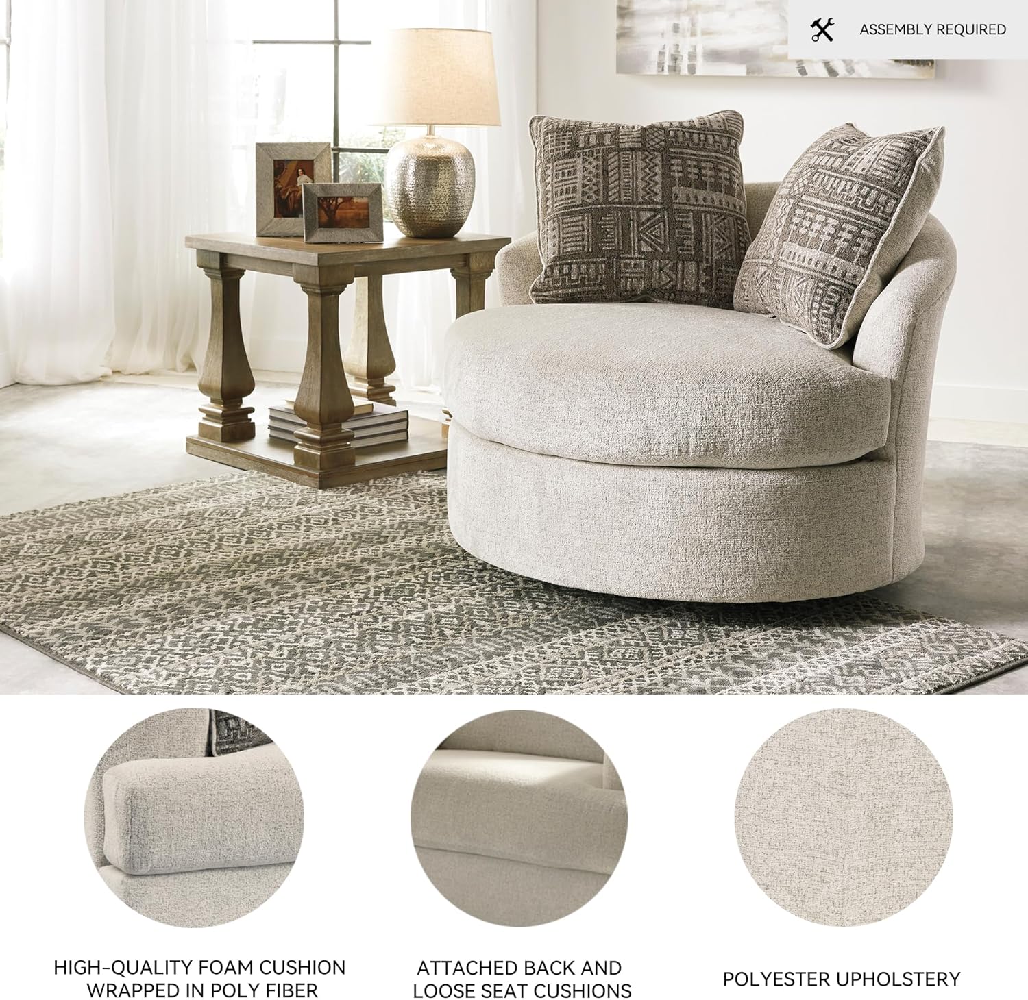 Signature Design by Ashley Soletren Contemporary Chenille 360-Degree Swivel Accent Chair, Off-White