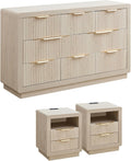 YANSNWO Modern Fluted Dresser and Nightstand Sets, Including 52" W 8 Drawer Dresser and Nightstands Set of 2 with Drawer & Charging Station, Bedroom Set for Home, White Alder