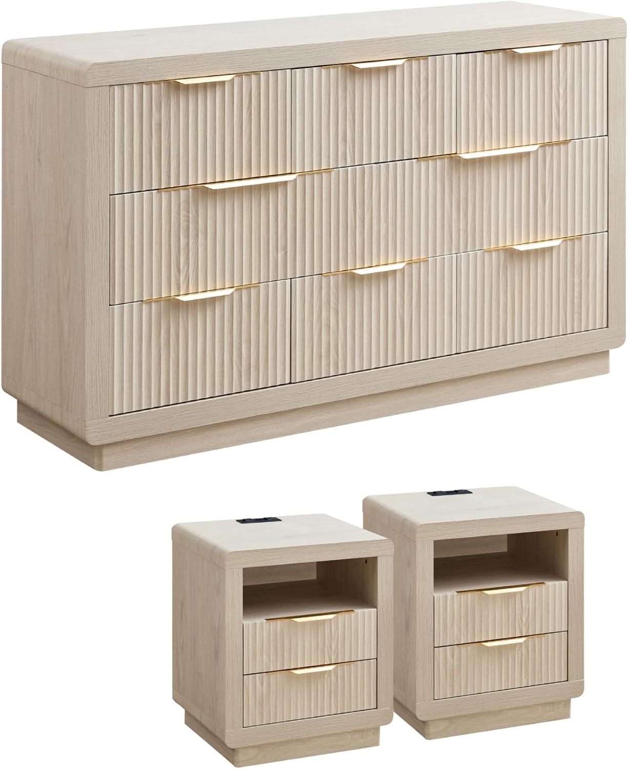 YANSNWO Modern Fluted Dresser and Nightstand Sets, Including 52" W 8 Drawer Dresser and Nightstands Set of 2 with Drawer & Charging Station, Bedroom Set for Home, White Alder