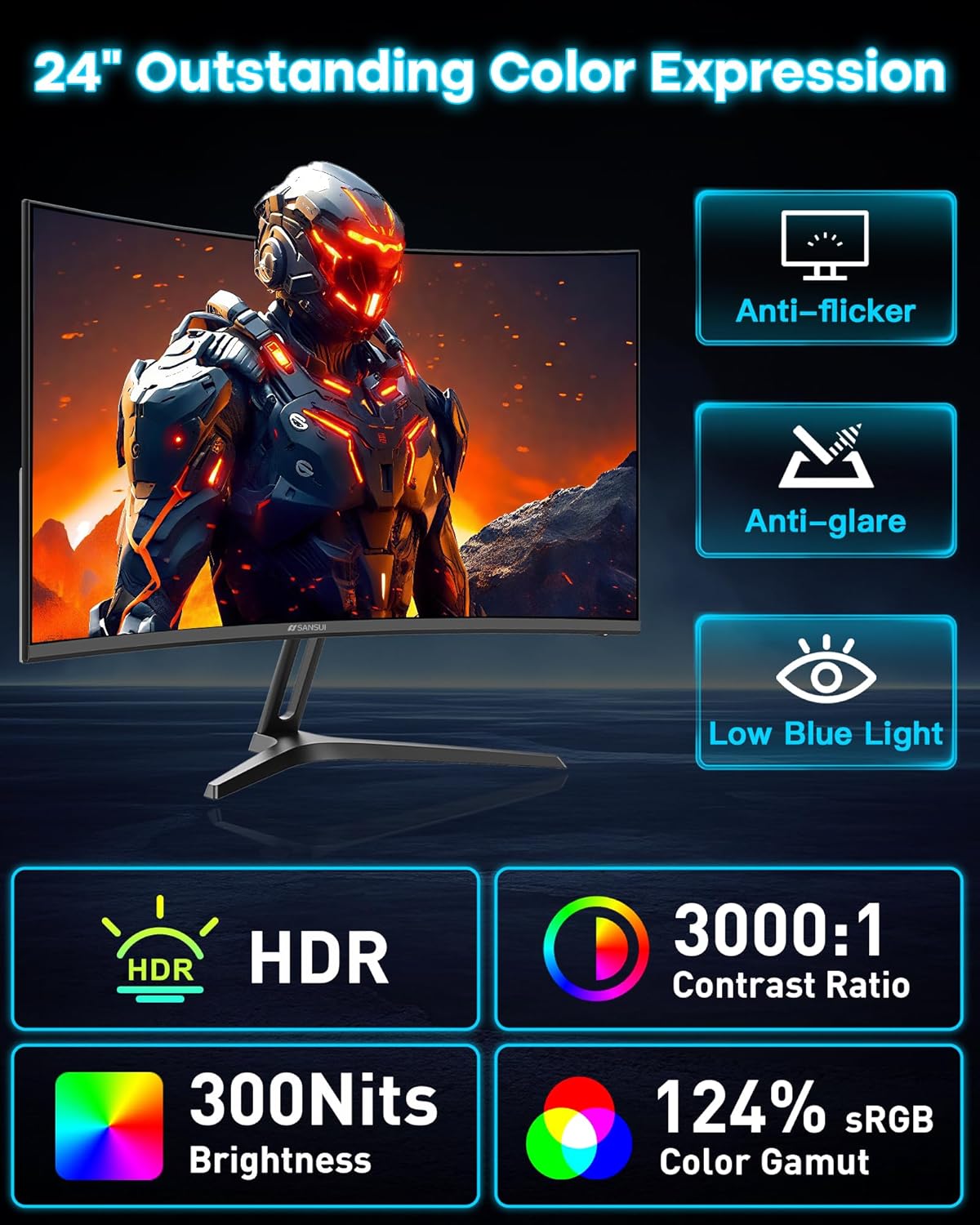 SANSUI 24 Inch Curved 240Hz Gaming Monitor FHD 1080P, 1500R Curve Computer Monitor, 124%sRGB, 3000:1 Contrast Ratio, HDR, FreeSync, MPRT 1Ms, Low Blue Light, HDMI DP ports.(ES-G24C1 PRO DP Cable Incl)