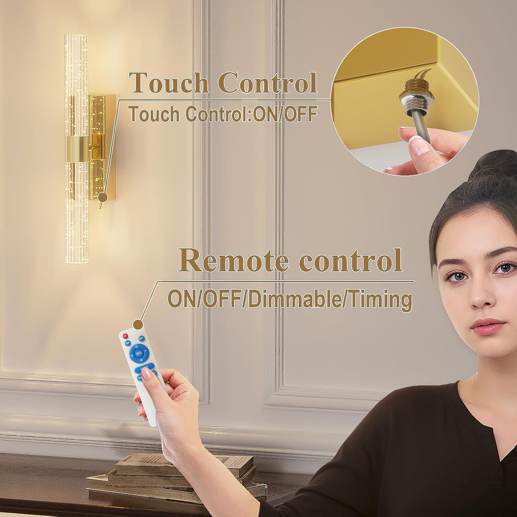 camuucci Battery Operated Wall Sconces Set of 2 Rechargeable Battery Powered Wall Light with 12000mAh Not Hardwired Dimmable Wall Lamp Fixtures for Bedroom Living Room Gold 15.3 Inches