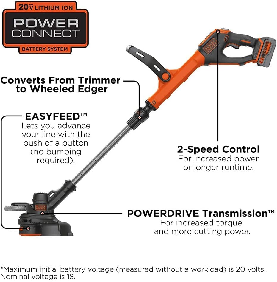 BLACK+DECKER 20V* MAX String Trimmer and Edger, EASYFEED Weed Wacker, 12 Inch Cutting Width, 2 Speed Control Weed Eater, (1) Battery and Charger Included (LSTE523)