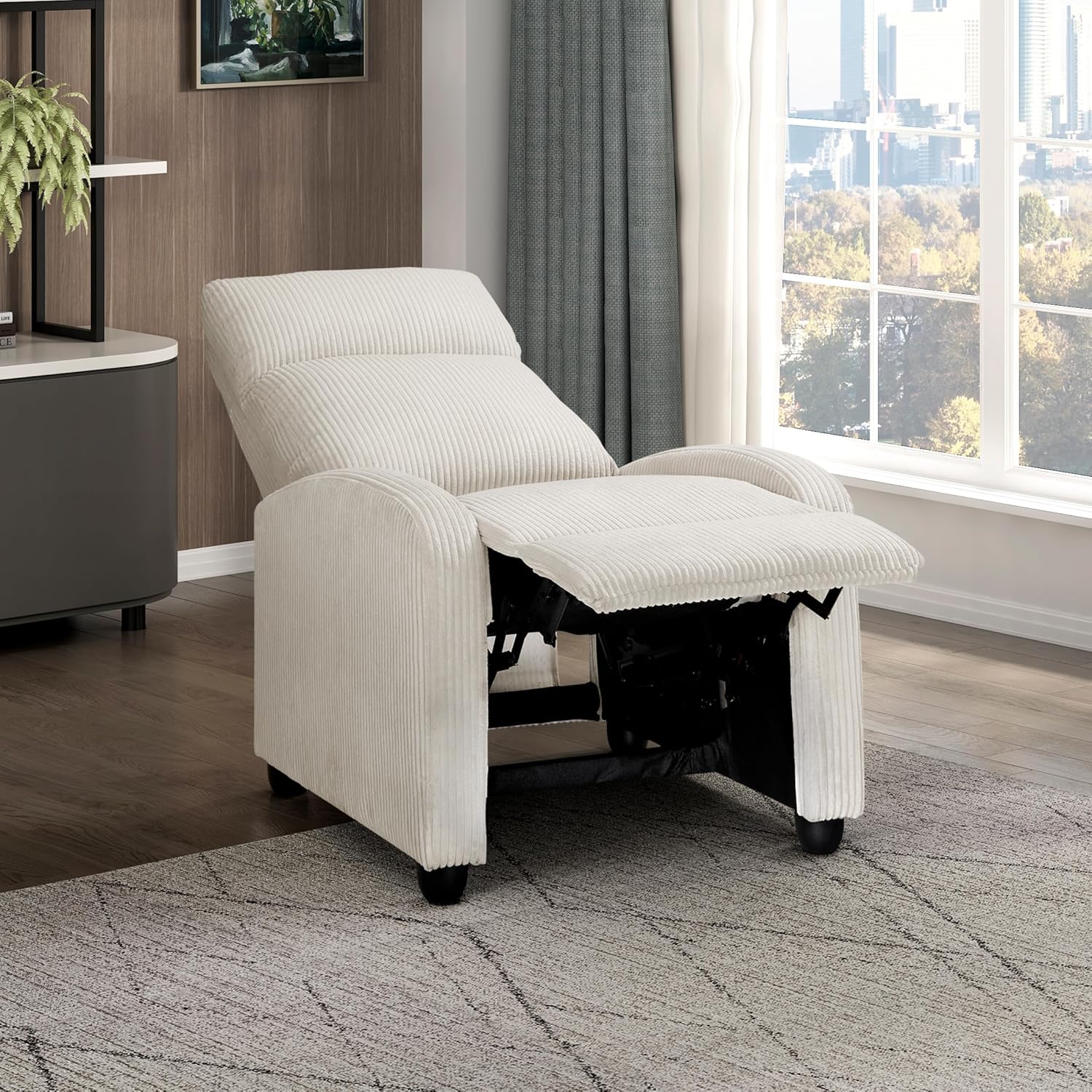Lexicon Corduroy Pushback Recliner Chair Armchair Push Back Recliner, Solid Wood Frame and Metal Base, Easy Assembly Small Soft Single Sofa Accent Chair for Living Room/Office/Apartment, Beige