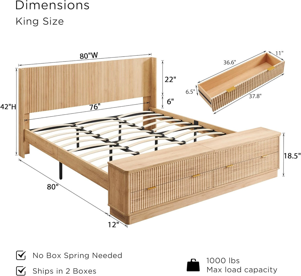T4TREAM Fluted King Size Bed Frame with Wingback Headboard, Footboard Storage Bench with Built-in Drawers & Lift-Up Compartments, Wood & Steel Platform Bed, No Box Spring Needed, Natural Oak