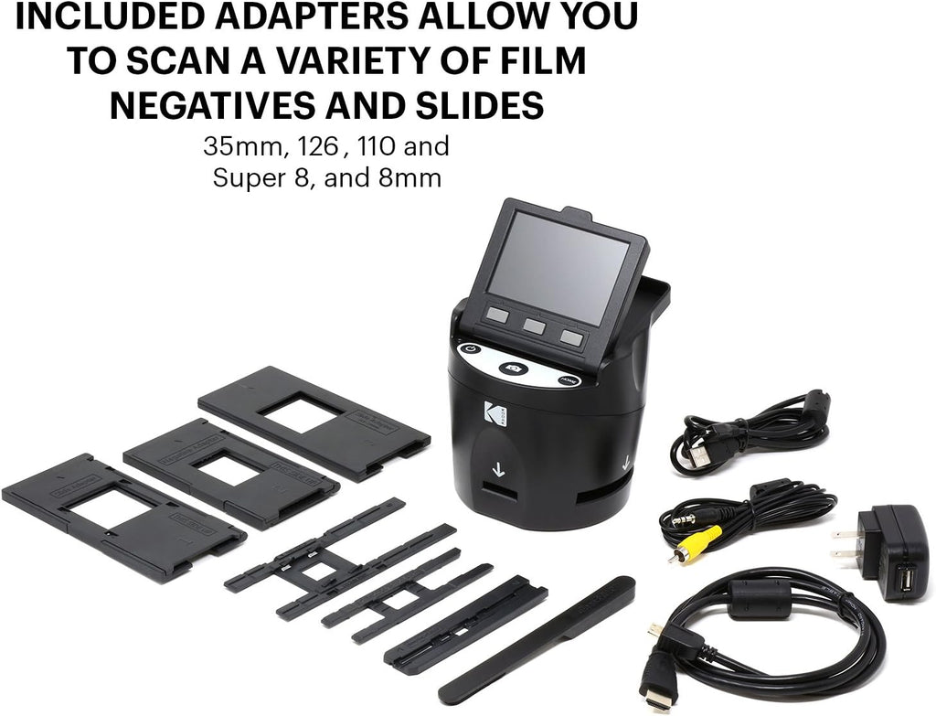 Kodak SCANZA Digital Film & Slide Scanner – Converts 35mm, 126, 110, Super 8 & 8mm Film to JPEG with 3.5" LCD, Easy-Load Inserts & Adapters