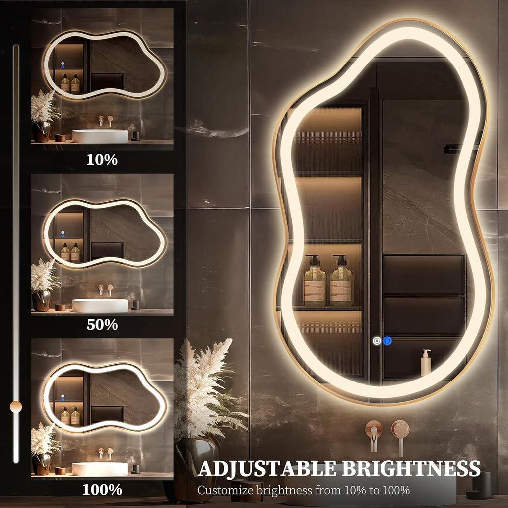 Irregular LED Bathroom Mirror with Lights, Cloud Smart Backlit Mirror, Dimmable Lighted Bathroom Gold Mirror with Anti-Fog, Asymmetrical Vanity Mirror Hangable 2 Ways (Gold, 20 x 36, 1 Pack)