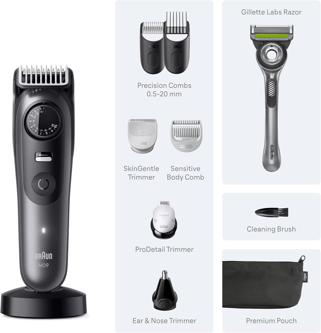 Braun All-in-One Series 9 Men's Electric Beard Trimmer, Hair Clipper, Shaver & Razor for Face, Hair & Body, AIO 9535 with Gillette Labs Razor, Cordless