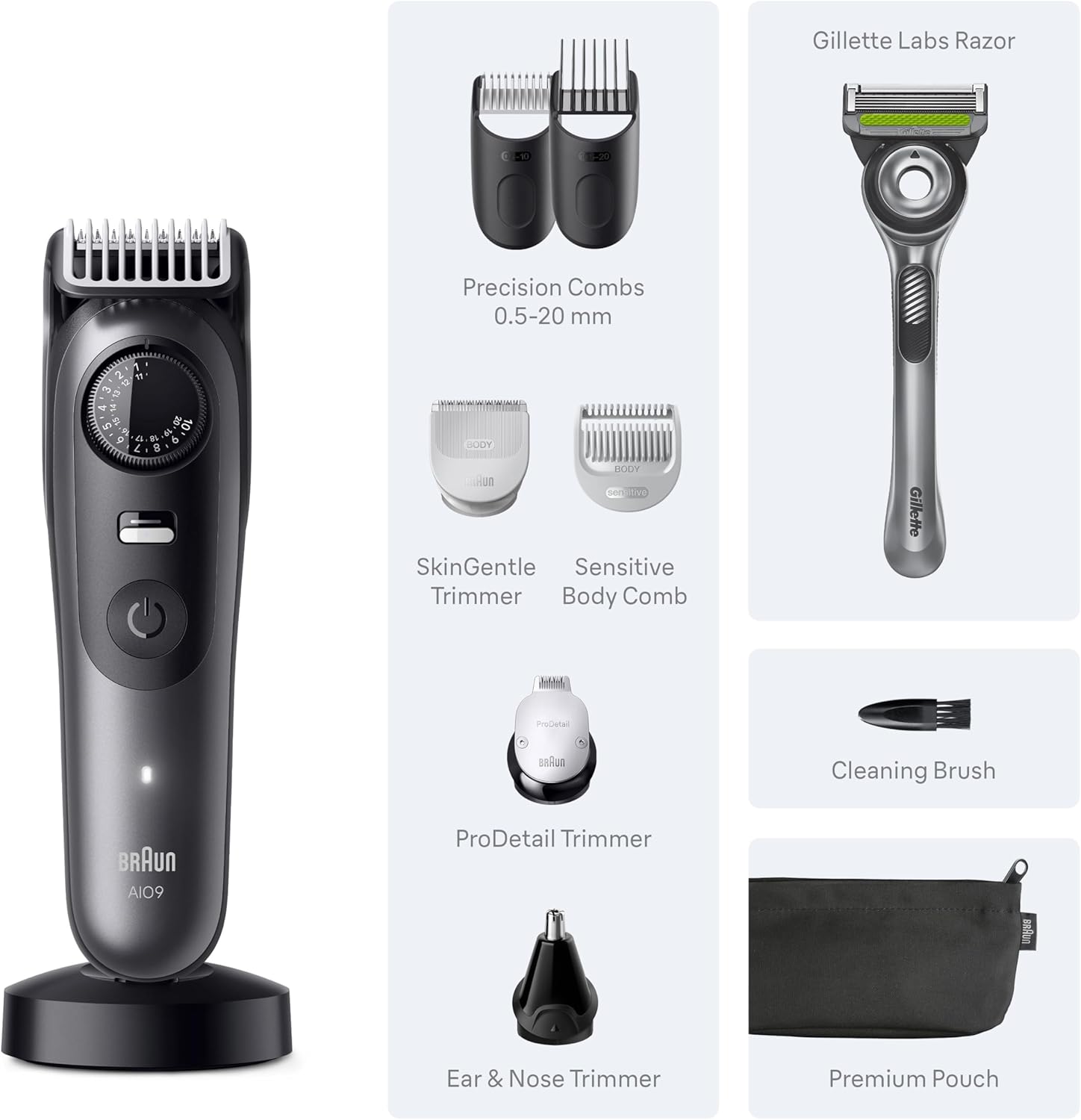 Braun All-in-One Series 9 Men's Electric Beard Trimmer, Hair Clipper, Shaver & Razor for Face, Hair & Body, AIO 9535 with Gillette Labs Razor, Cordless