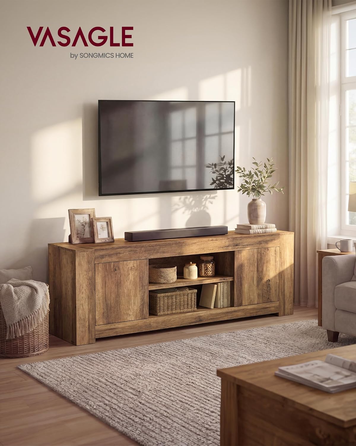 VASAGLE TV Stand, Farmhouse Entertainment Center with Storage Cabinets, Media Console Table for Living Room, Bedroom, for 80 Inch TV, 70 x 15.7 x 23.6 Inches, Honey Brown ULTV624K101S