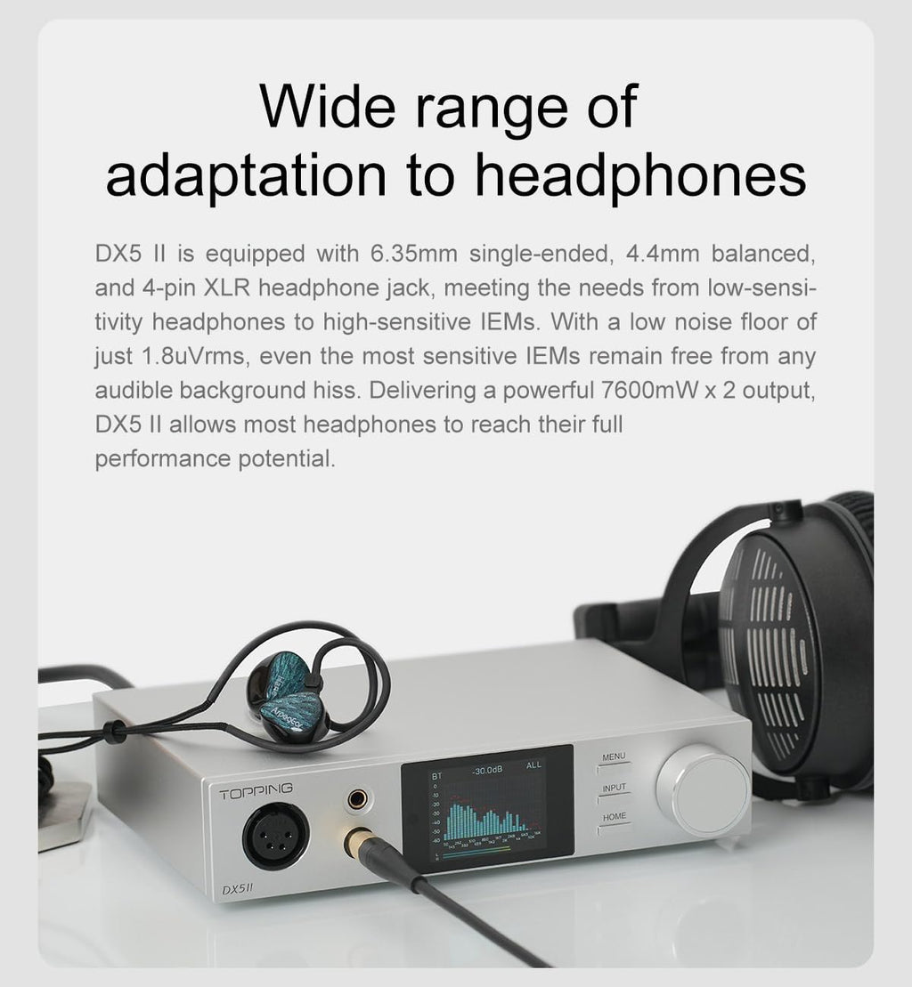 TOPPING DX5 II Hi-Res DAC & Headphone Amp Combo – Dual ES9039Q2M, X-Hybrid Amp, 10-Band PEQ, LDAC Bluetooth 5.1, 4.4mm Balanced & 6.35mm Headphone Output, Preamp Mode, 12V Trigger (White)