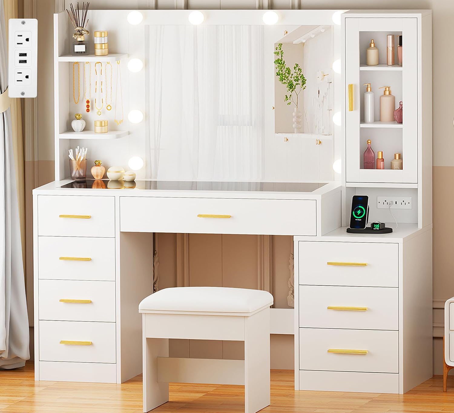 ANWBROAD 49.2" Large Vanity Desk with Mirror and Lights White Makeup Vanity Desk with Glass Top and Power Outlet 8 Drawers Nightstand 5 Hooks Vanity Table with Stool for Bedroom Women Girls UBDT88W