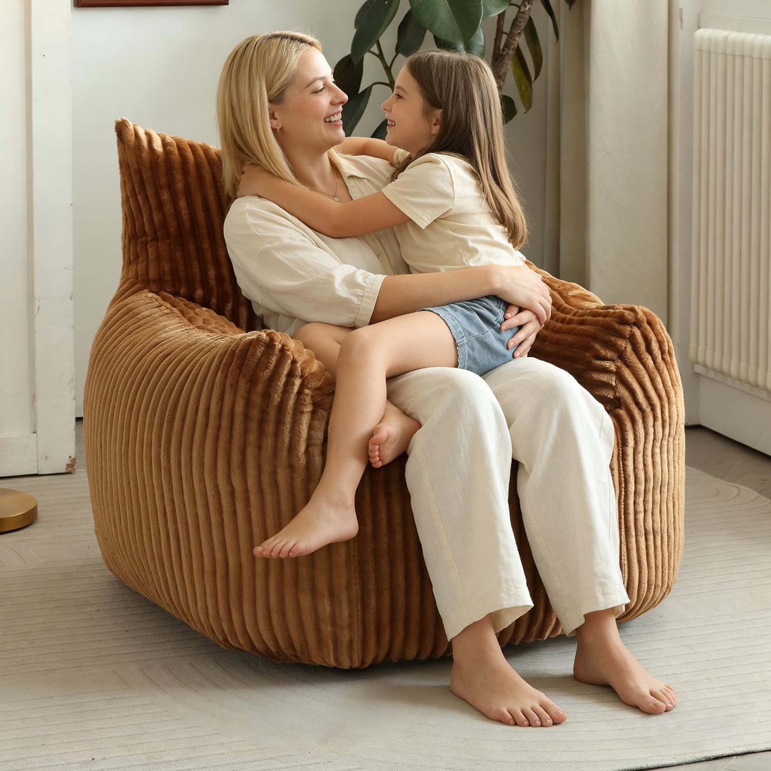 Giant Bean Bag Chair for Adults, Oversized Beanbag Sofa with Armrests and Back Support, Filler Included, Ultra Soft Stuffed Floor Couch for Bedroom, Reading and Lounging, Living Room(Brown)