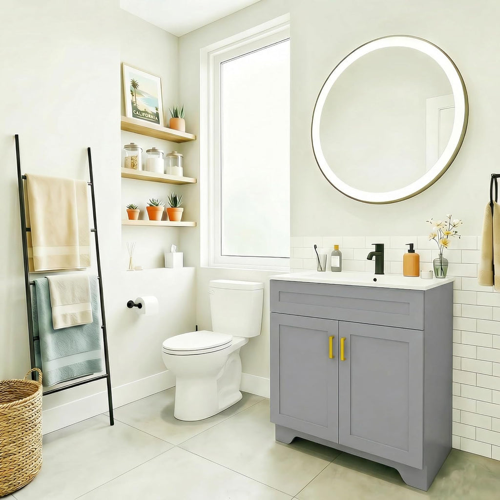 30 Inch Bathroom Vanity with Sink, Modern Bathroom Vanity with Ceramic Basin and Countertop, Easy Assembly, Grey