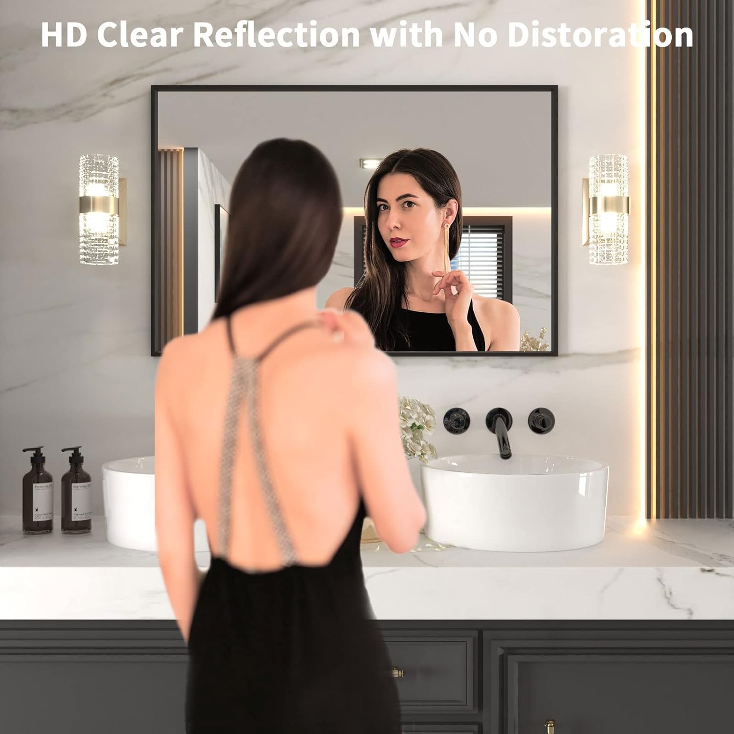 LOAAO 48"X32" Black Rectangle Bathroom Mirror Wall, Matte Black Aluminum Alloy Frame, Tempered Glass, Hangs Vertically or Horizontally, Easy to Install