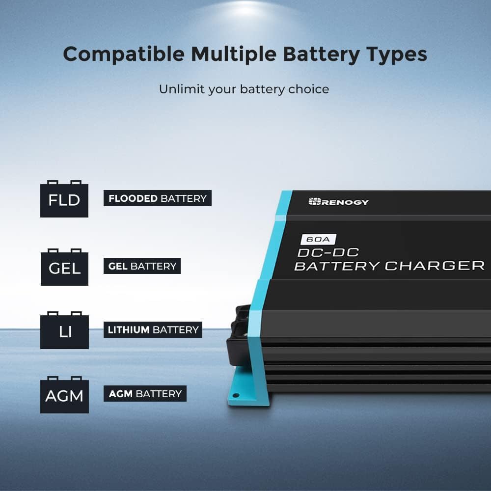 RENOGY REGO 12V 60A DC-DC Battery Charger with LiFePO4 Activation, Waterproof Smart Battery Charger Compatibility with Flooded, Gel, AGM, and Lithium Batteries for RV Marine Truck All Weather