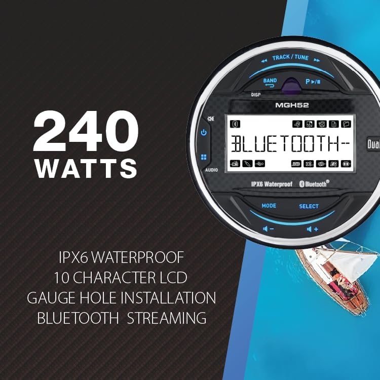 Dual Electronics MXPGH52 Gauge Hole Marine Stereo with (2) 6.5" Marine Speakers, Wireless Remote Control & Antenna | 10-Character LCD Media Receiver with Built-in Bluetooth | IPX6 Waterproof