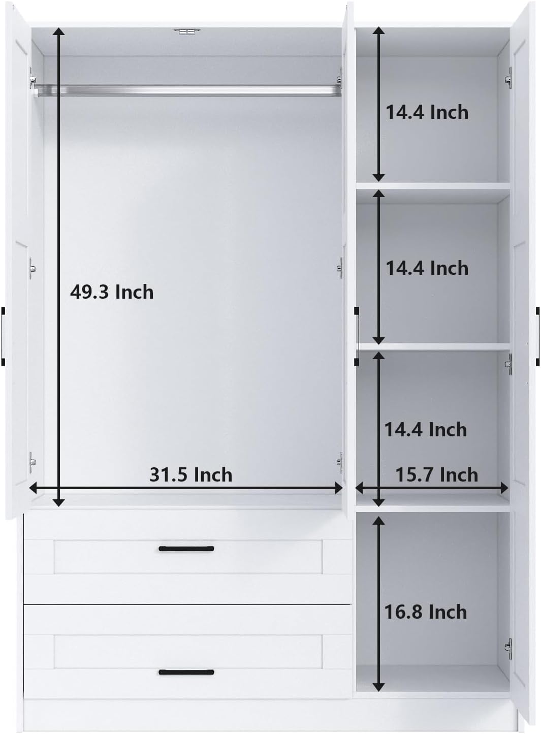 Fenghua Lizhi 3 Doors Wooden Wardrobe Closet Armoire, White Storage Cabinet for Hanging Clothes, Bedroom Large Capacity Freestanding Armoire,Wood Wardrobe Combination with Shelves (2drawer, White)