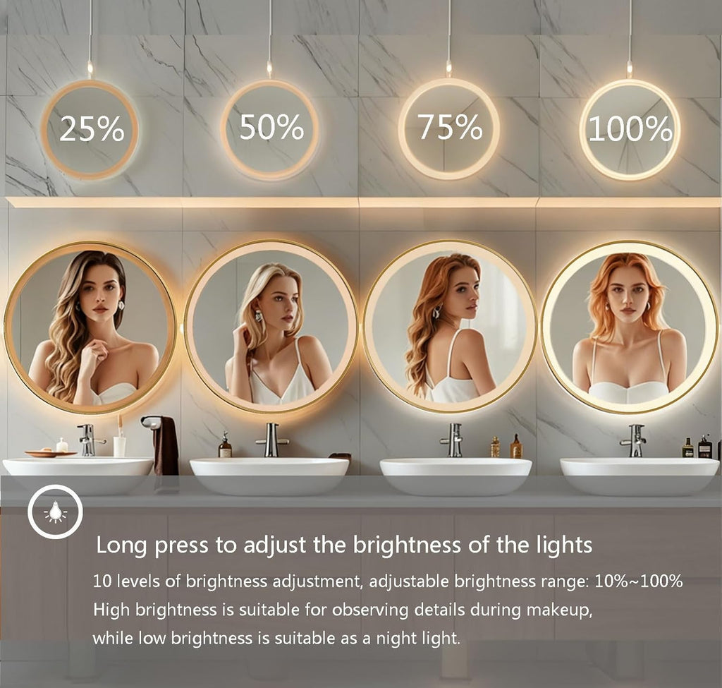 Round LED Bathroom Mirror with Lights, 28x28 Inch Gold Wall Mounted Frame Lighted Vanity Mirrors