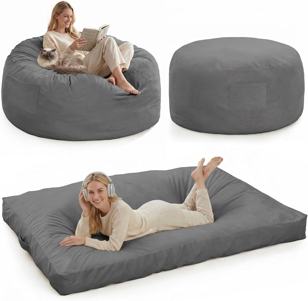 4 in 1 Adult Bean Bag Chair, 4ft Large Beanbag Chair with High Rebound Memory Foam Filler and Removable Cover, Oversized Comfy Flannel Bean Bag Couch Bed Lazy Sofa for Adults Teens, Grey