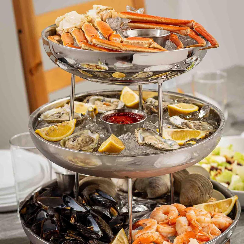 TableCraft 12913 Three-Tiered Seafood Tower, Double-Wall Stainless Steel Display with Polished Mirror Finish, Round 10", 12" & 14" Bowls, Elevated Chilled Presentation, 14" x 14" x 13.75", Silver