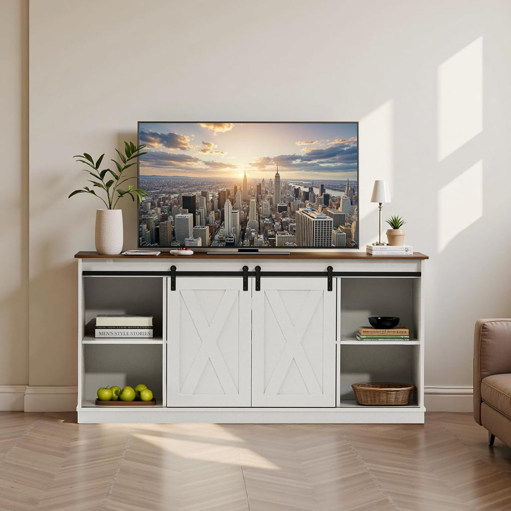 DUMOS TV Stand for 65 Inch TV, Entertainment Center with Storage Shelves, Mid Century Modern Media TV Console Table for Bedroom Living Room, Office Furniture, White