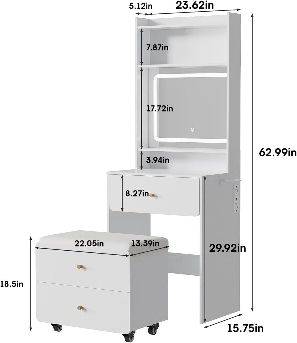 Vabches Make Up Vanity Desk with Mirror and Lights, White Vanity Table Set with Charger Station,Girls Small Vanity and Storage Chair