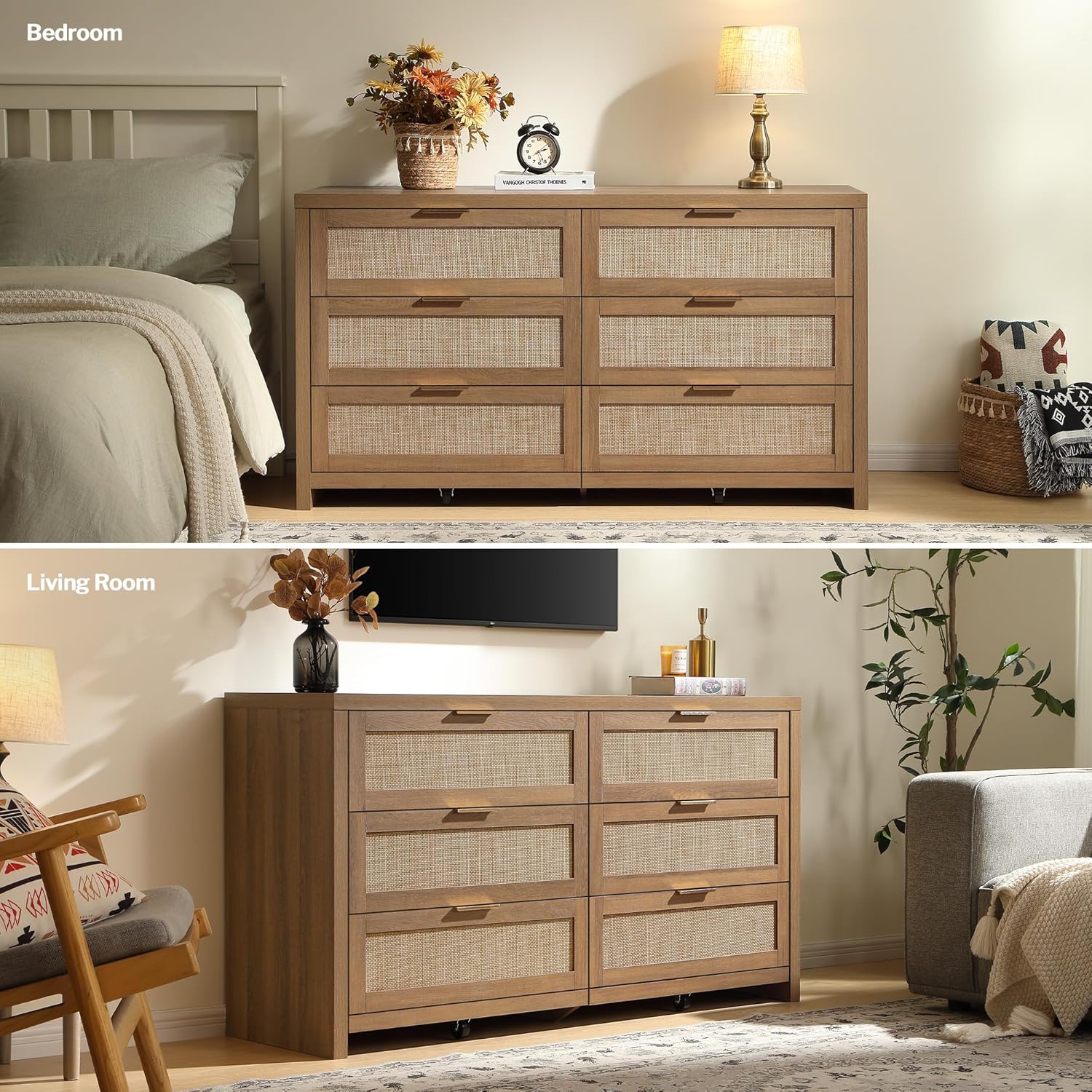SICOTAS Rattan Dressers for Bedroom Set 2, Large 6 Drawer Dresser Long Chest of Drawers, Dresser Farmhouse TV Stand for Bedroom, Living Room, Nursery, Closet (Reclaimed Caramel Oak, 2 Pieces)
