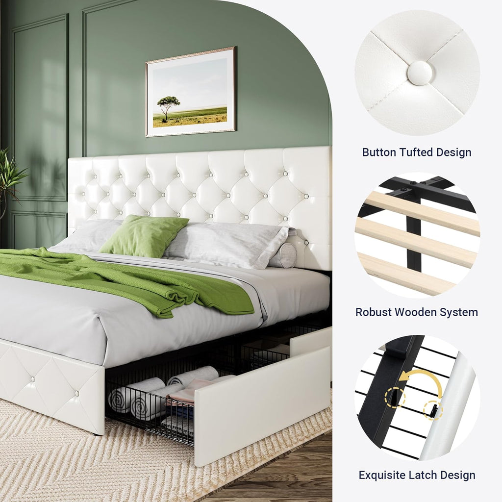Allewie King Size Platform Bed Frame with 4 Storage Drawers and Headboard/Upholstered Diamond Stitched Button Tufted/Wooden Slats Support/Mattress Foundation/No Box Spring Needed/White