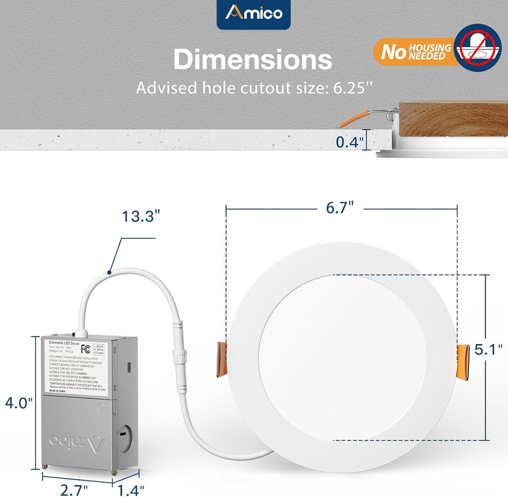 Amico 36 Pack 6 Inch 5CCT Ultra-Thin LED Recessed Ceiling Light with Junction Box, 2700K/3000K/3500K/4000K/5000K Selectable, 12W Eqv 110W, Dimmable Can-Killer Downlight, 1050LM Brightness - ETL&FCC