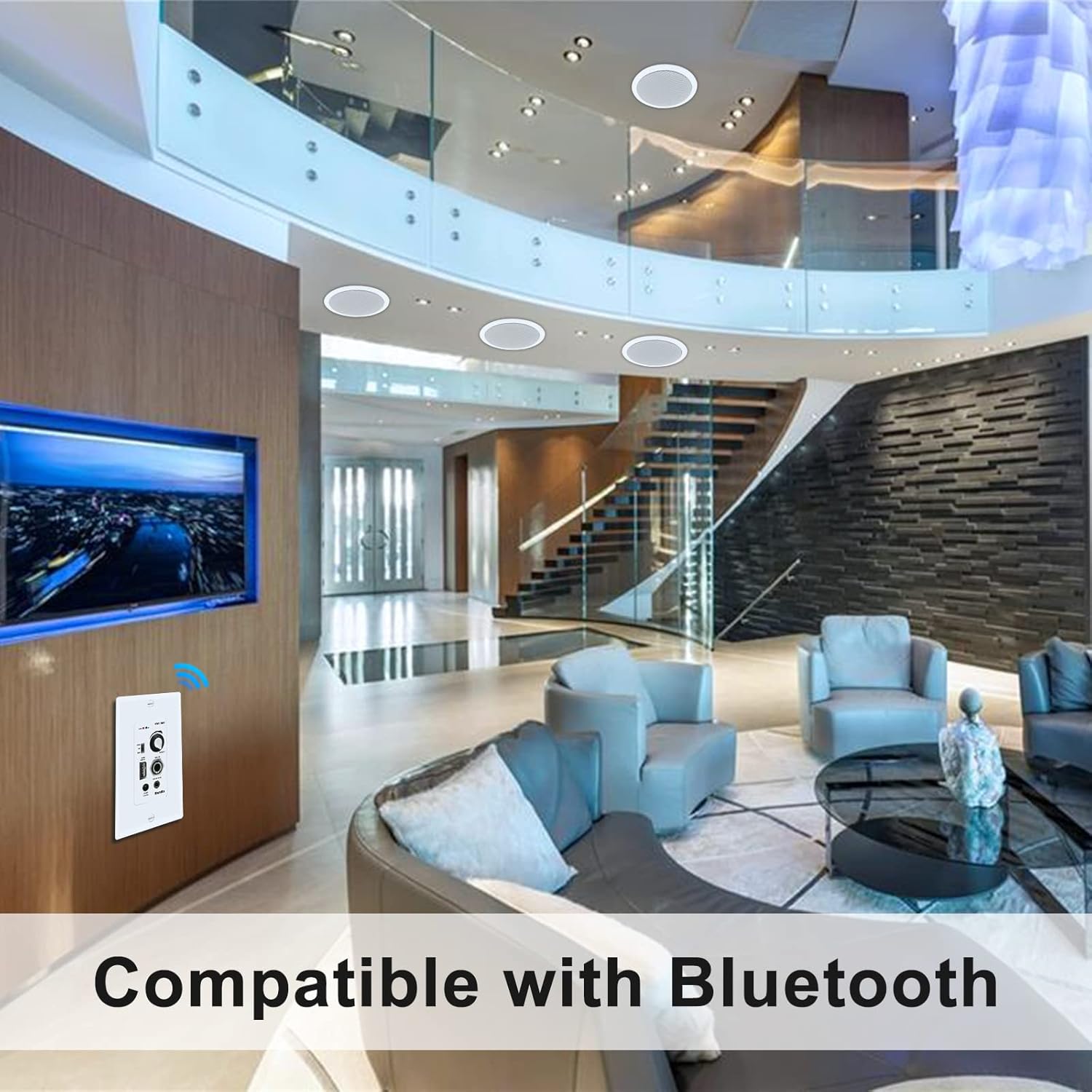Herdio Home Audio Package in Wall Bluetooth Amplifier Volume Control Receiver Wall Plate with 6.5 Inch 640W Ceiling Speakers(2 Pairs)