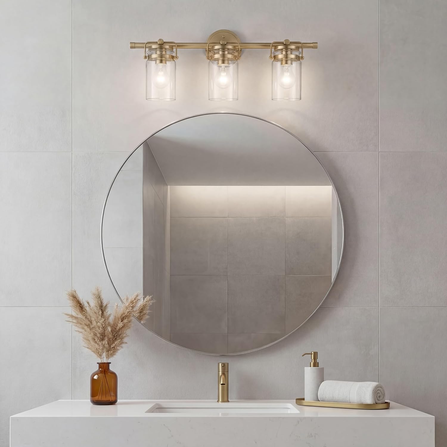 Kichler Brinley 24" 3-Light Bathroom Vanity Light Fixture with Clear Glass in Champagne Bronze, Modern Farmhouse Mason Jar Style for Mirror Lighting (24" W x 10.25" H), 45689CPZ