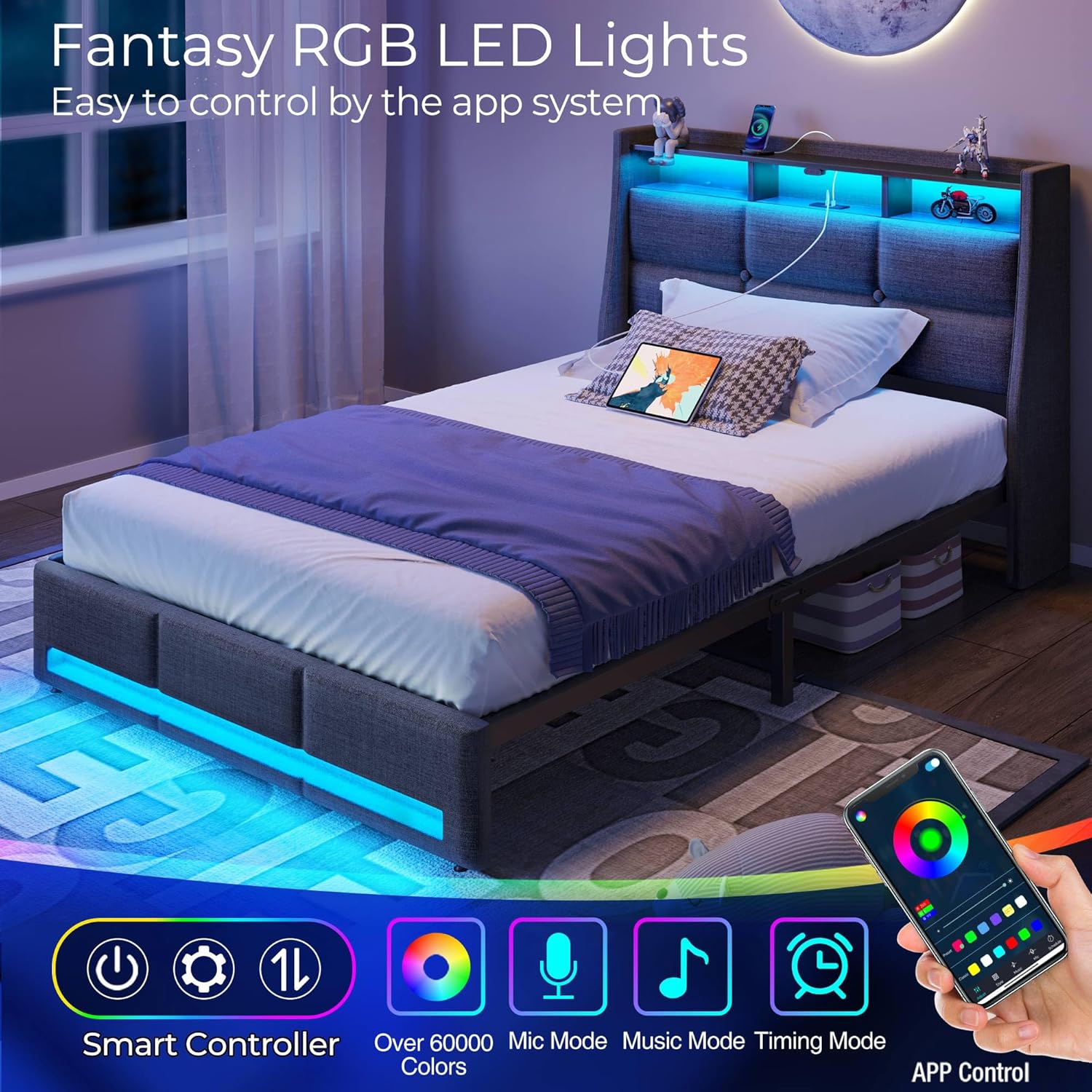 Rolanstar Twin Size Bed Frame with LED Lights and Charging Station, Upholstered Bed Storage Headboard & Drawers, Heavy Duty Wood Slats, Easy Assembly