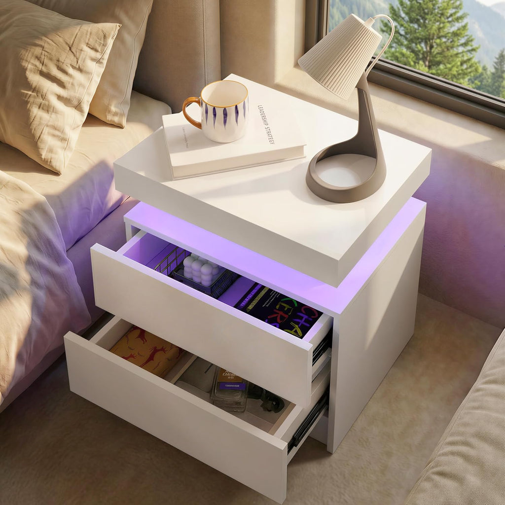 i-aplus Night Stand Set 2,LED Nightstands Set of 2,Bedside Table with Wood Drawers,Modern End Side Table for Bedroom,White