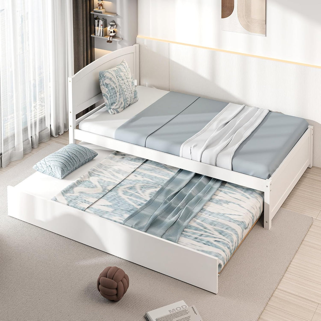 Twin Trundle Bed, Solid Wooden Pull Out Bedframe, Extendable Day Bed with Headboard and Soild Wood Slats Support, Bedroom, Living Room, Guest Room, No Box Spring Needed (White)