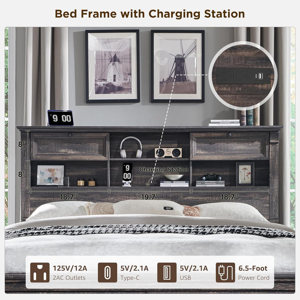 Farmhouse Queen Size Bed Frame with 54" Tall Headboard, Headboard with 4 Storage Rack, 2 Drawers, 18" Roman Column Decoration Footboard, Wood Platform Bed Frame, No Box Spring Needed(Dark Rustic Oak)