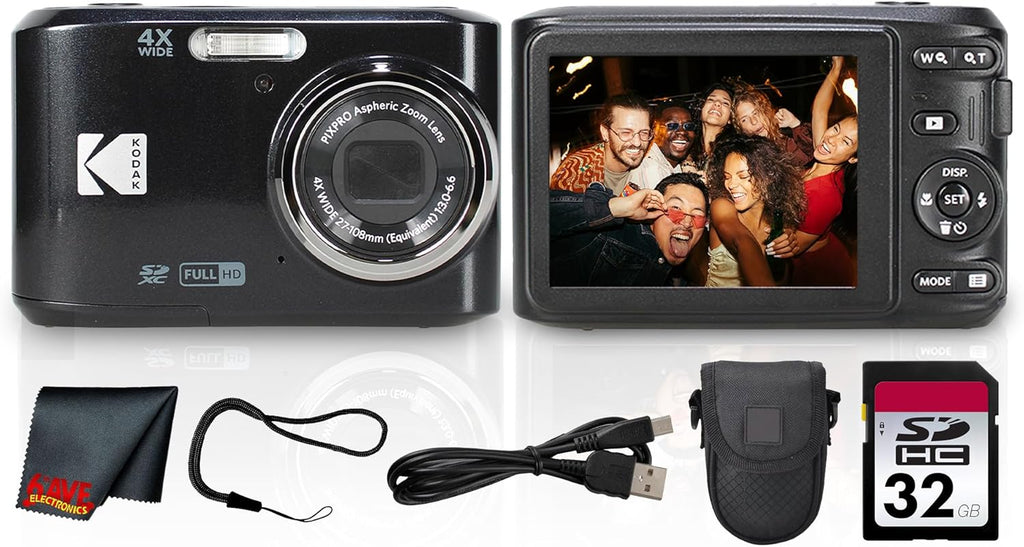 Kodak PIXPRO FZ45 Digital Camera (Black) | 16MP Sensor, 4X Optical Zoom, 27mm Wide-Angle Lens & Full HD Video | Great for Travel & Family Photos (FZ45BK) + 32GB Card + Camera Case + Cleaning Cloth