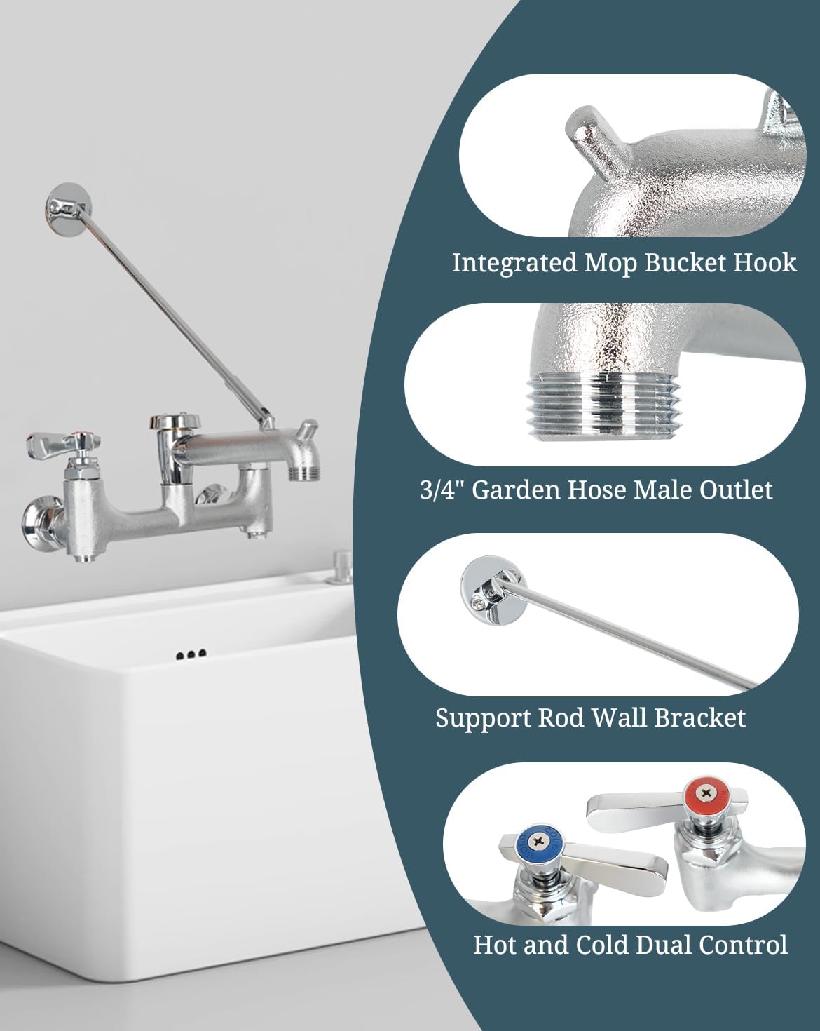 Commercial Mop Sink Faucet with Vacuum Breaker, Wall Mount Service Sink Faucet, 8 Inch Adjustable Center, Pail Hook, Heavy-Duty Brass Utility Sink Faucet for Restaurant/Garage/Industrial