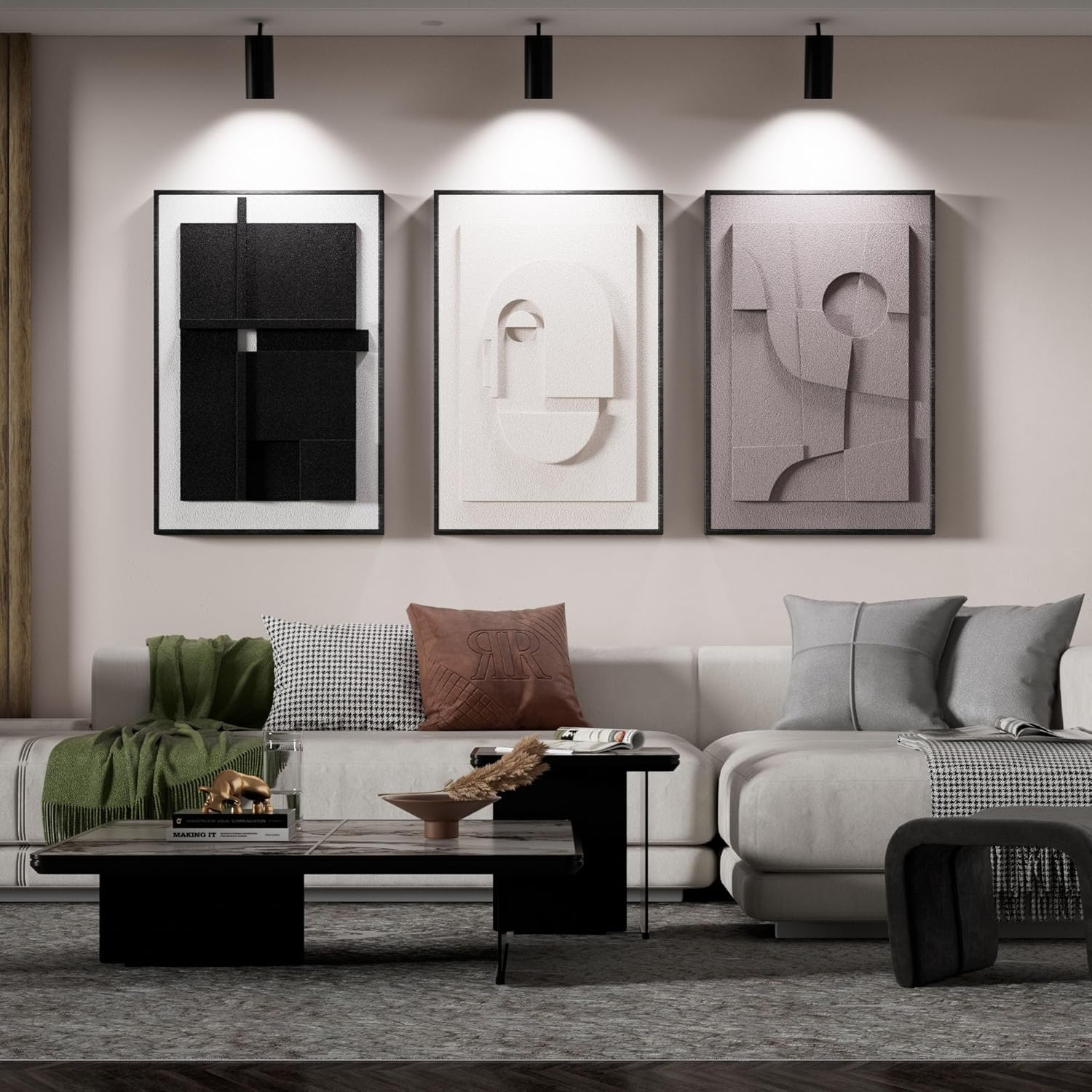 Large 3D Textured Framed Wall Art for Living Room, 3pcs Abstract Geometric Relief Artwork for Walls, Modern Neutral Black Beige Sandstone Plaster Pictures for Entryway Foyer Home Decor, 24x36 Inch
