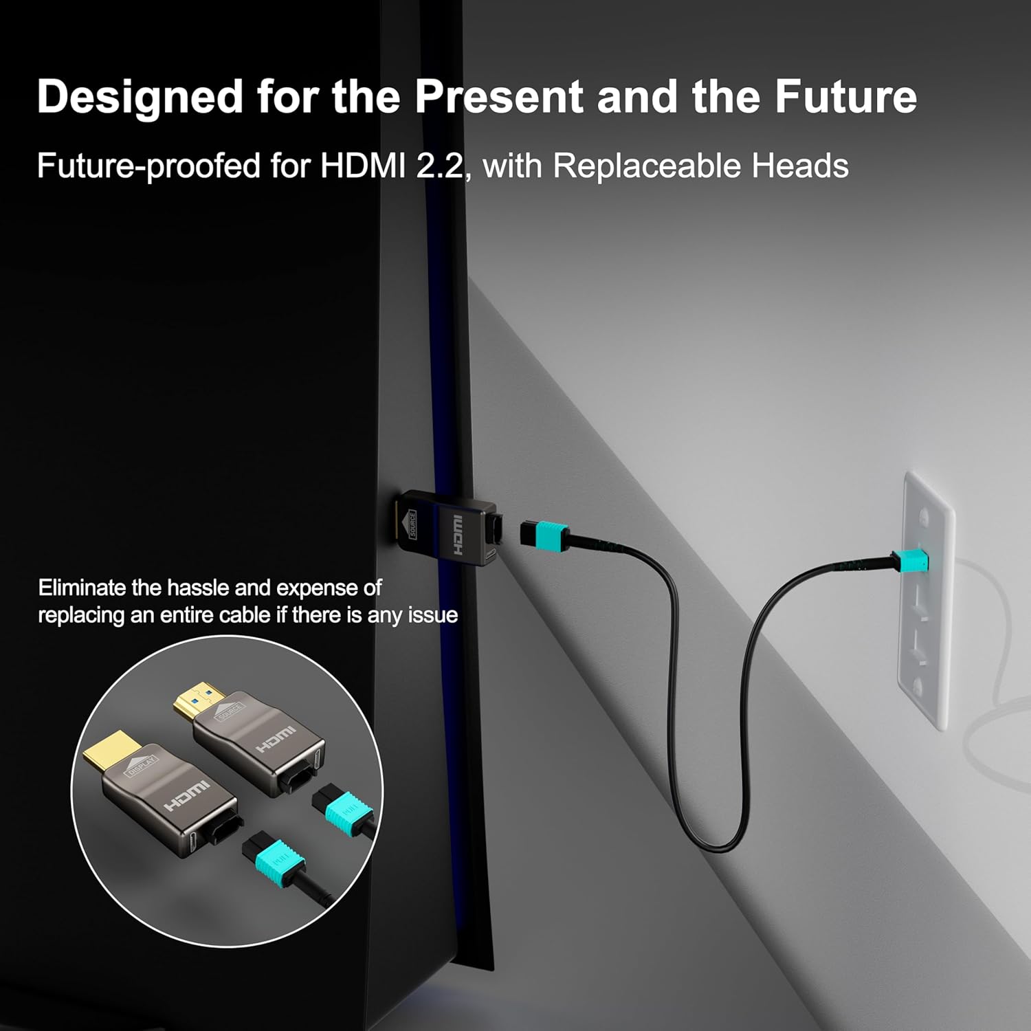 RUIPRO 8K Detachable Full Fiber Optic Armored HDMI 2.1 Cable 100FT, Ultra High Speed 48Gbps, Support 8K@60Hz 4K@120Hz, Dynamic HDR, eARC, Compatible with PS5/Xbox/Blu-ray/TV/Monitor/Projector