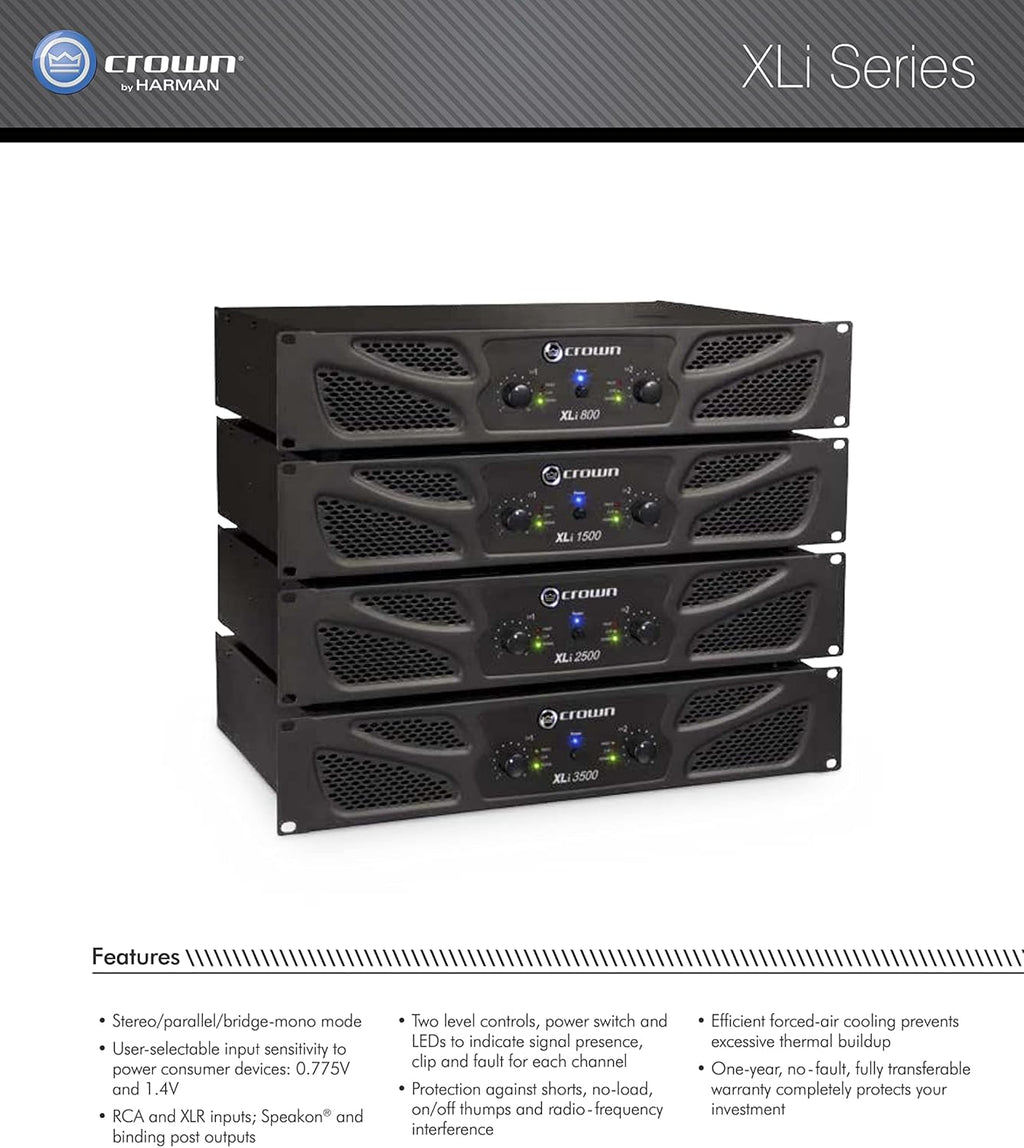 Crown XLi800 Two-channel, 600-Watt Bridged 8Ω Power Amplifier. Professional DJ, PA, Stage Amp. Black