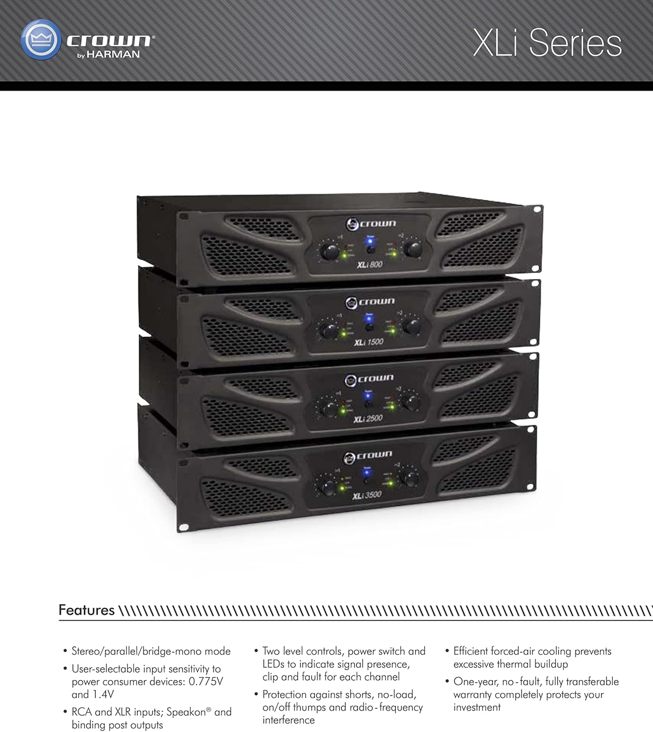 Crown XLi800 Two-channel, 600-Watt Bridged 8Ω Power Amplifier. Professional DJ, PA, Stage Amp. Black